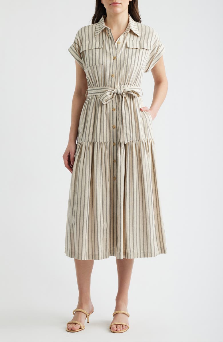 ZOE AND CLAIRE Stripe Belted Linen Midi Shirtdress, Main, color, Light Taupe