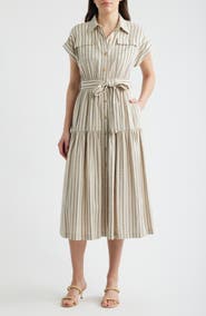 ZOE AND CLAIRE Stripe Belted Linen Midi Shirtdress