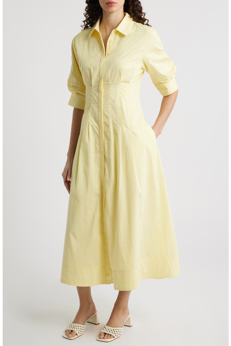 Pleated Cotton Button-Up Maxi Shirtdress, Main, color, LEMON CREAM