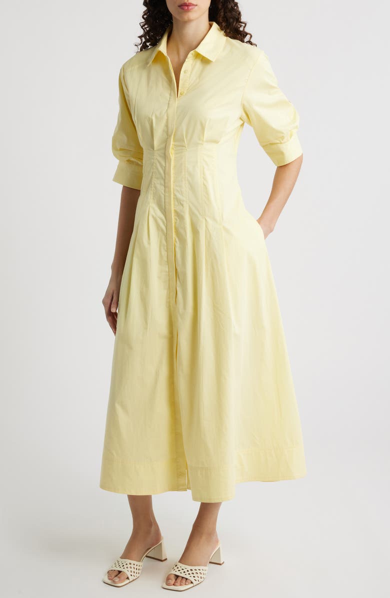 Vince Camuto Pleated Cotton Button-Up Maxi Shirtdress, Main, color, Lemon Cream