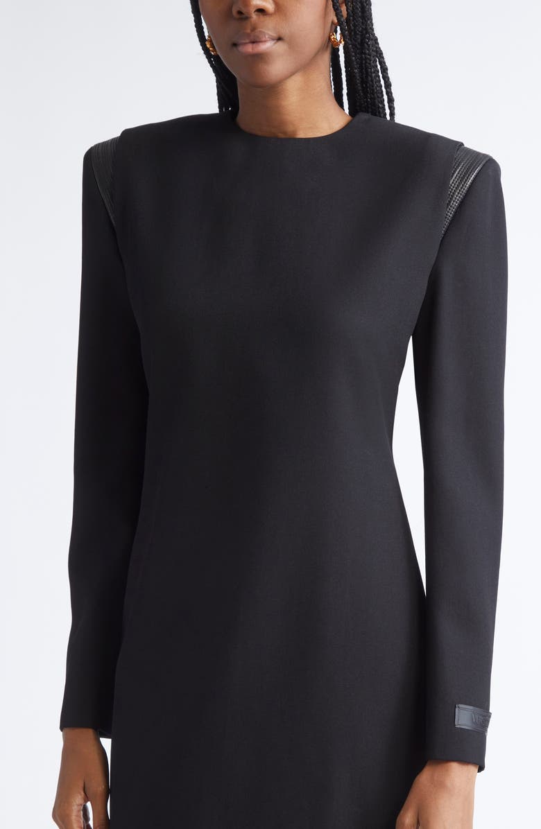 Versace Leather Trim Long Sleeve Wool Grain de Poudre Minidress, Alternate, color, Black