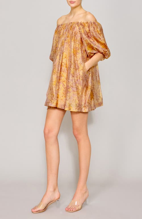 Melloday Floral Off The Shoulder Satin Minidress In Peach