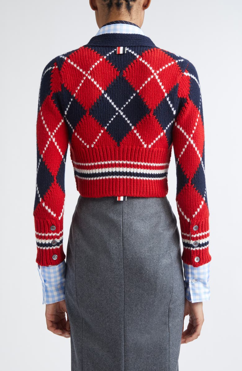 Thom Browne Argyle Intarsia Shrunken Virgin Wool Blend Cardigan, Alternate, color, Red/ White/ Blue