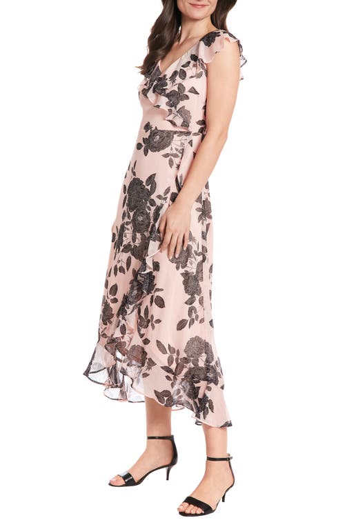 London Times Floral Ruffle Sleeveless Faux Wrap Maxi Dress In Blush/black