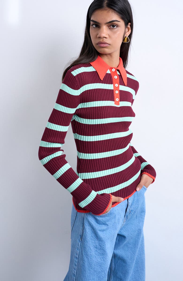 Topshop Stripe Long Sleeve Rib Polo, Main, color, Burgundy Multi