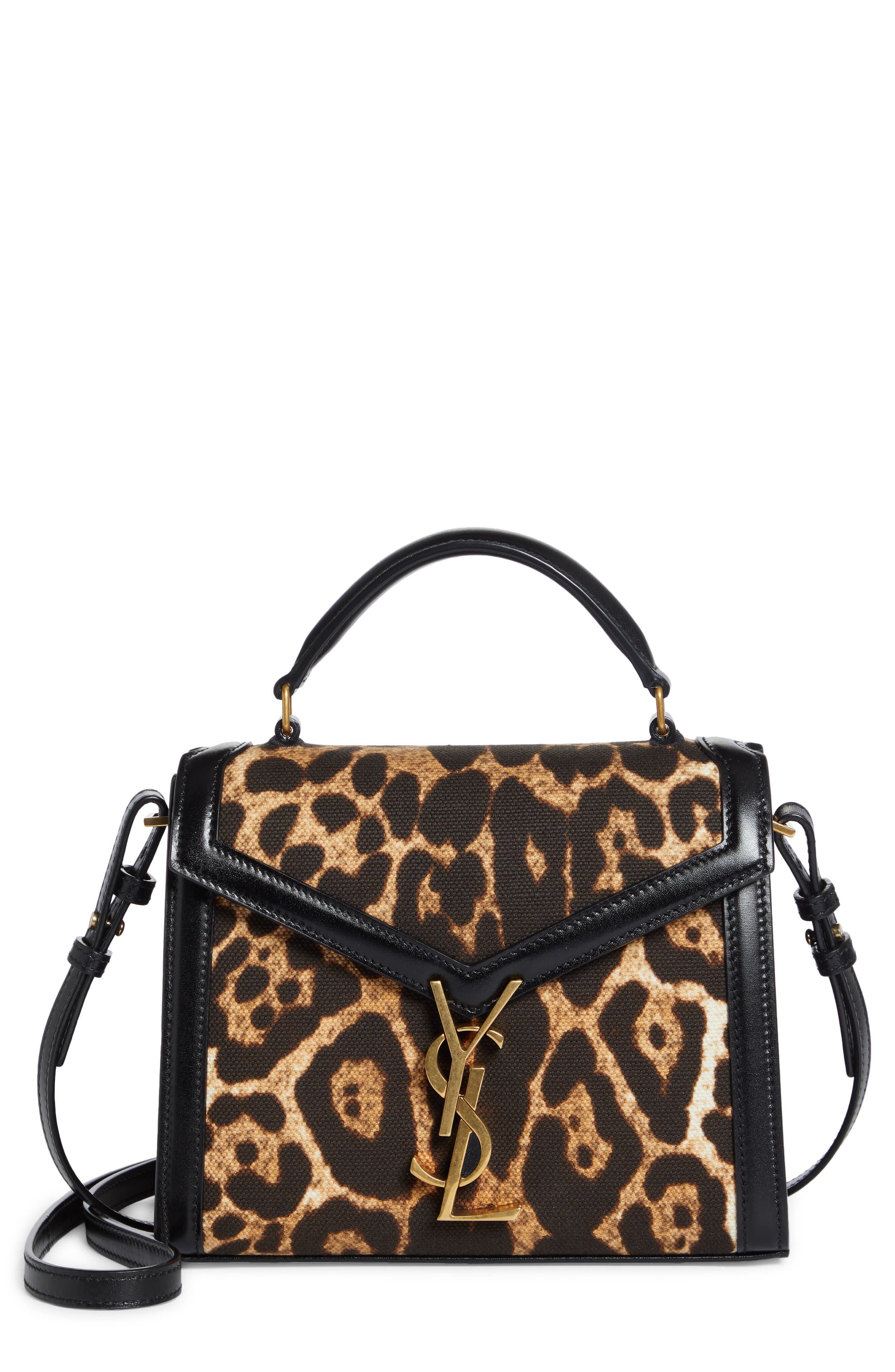 Saint Laurent Mini Cassandra Leopard Print Canvas Top Handle Bag, Main, color, 