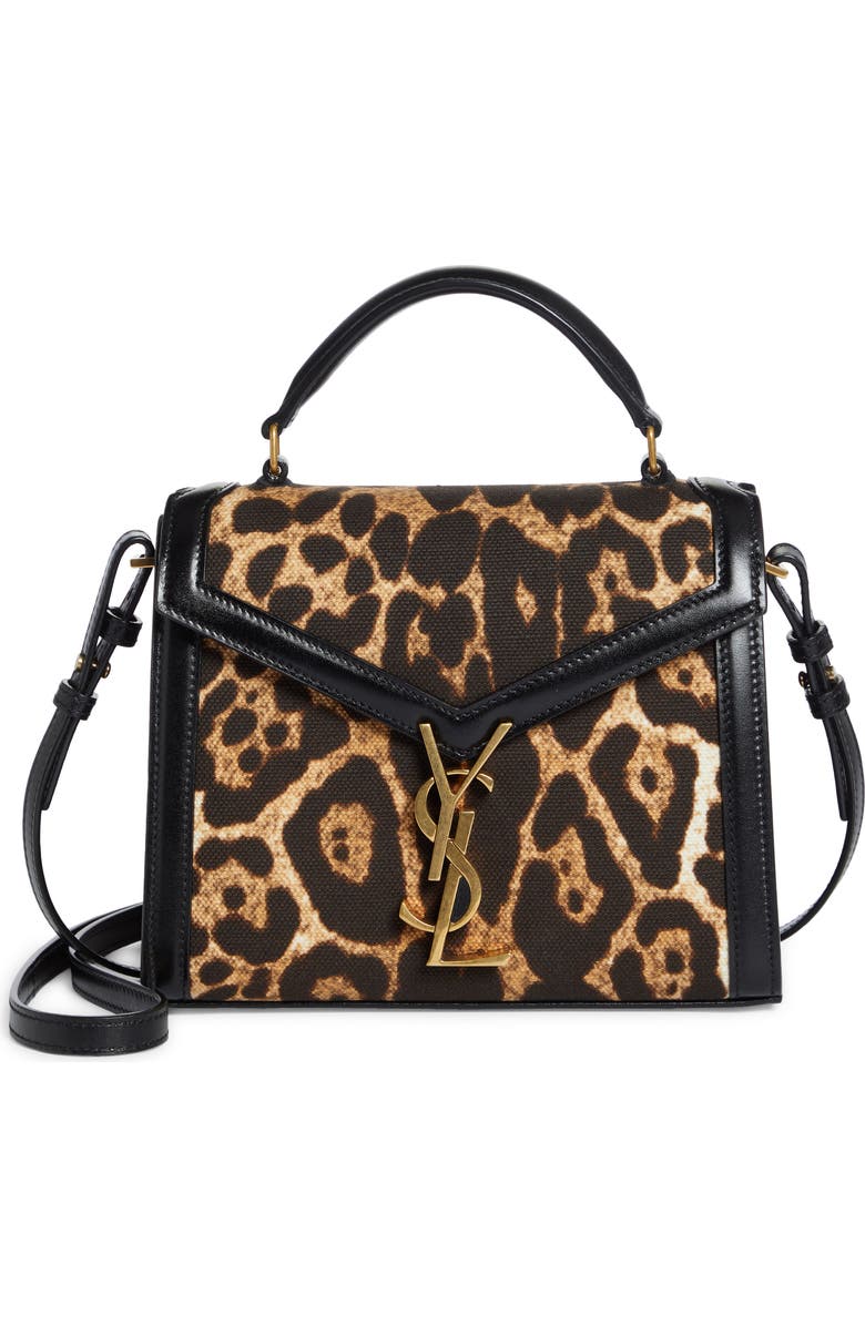 Saint Laurent Mini Cassandra Leopard Print Canvas Top Handle Bag, Main, color,