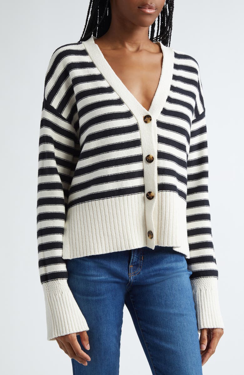 Veronica Beard Saylor Stripe Cotton Cardigan, Alternate, color, Off White/ Black