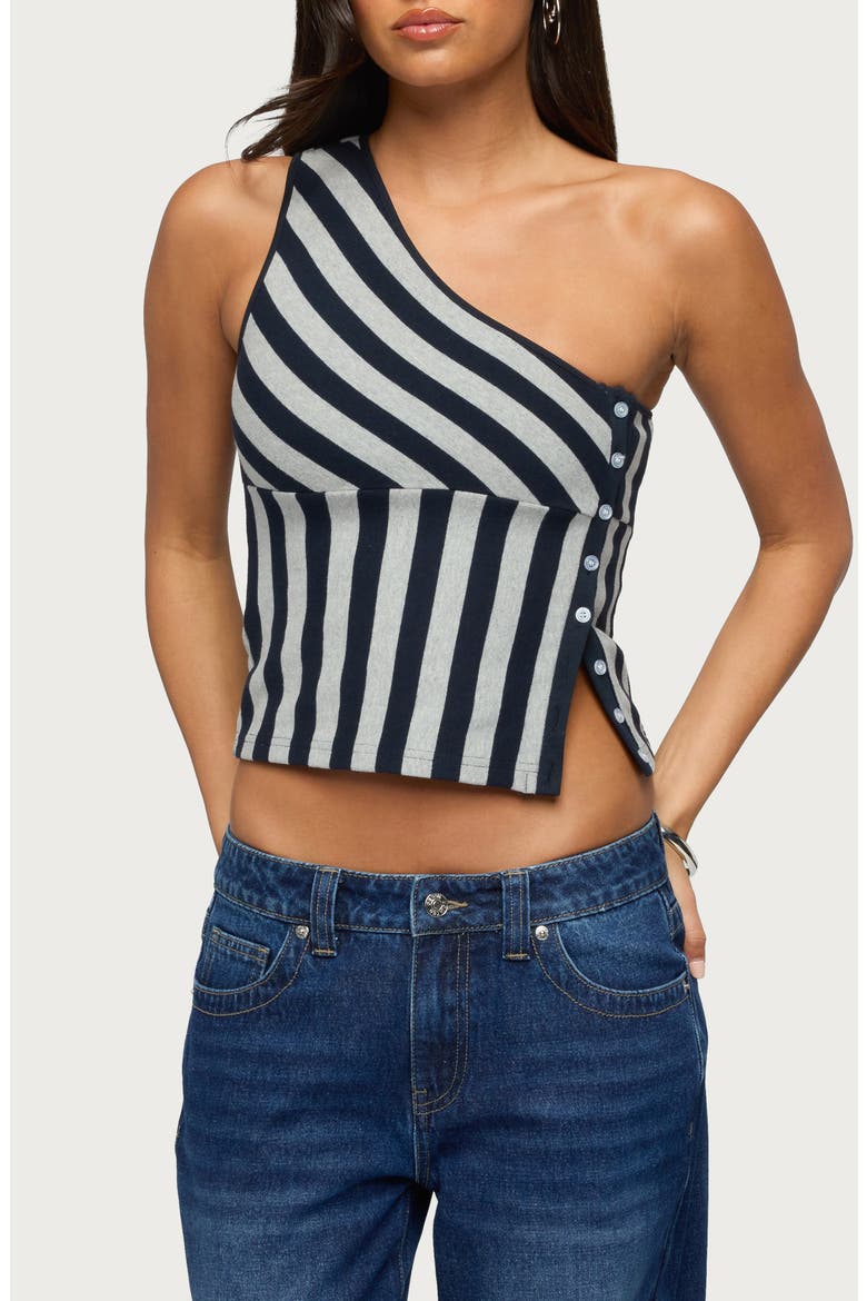 Stripe Side Button One-Shoulder Top, Main, color, NAVY-AND-GRAY