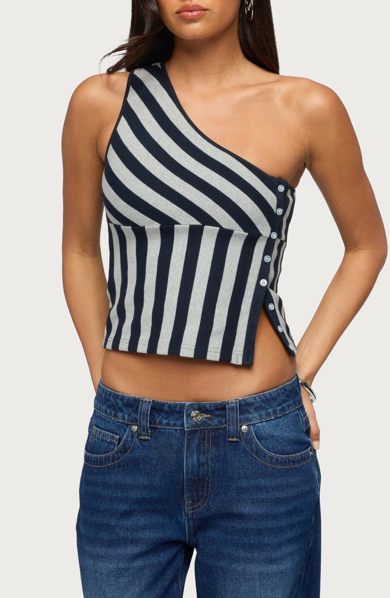 EDIKTED Stripe Side Button One-Shoulder Top, Main, color, 