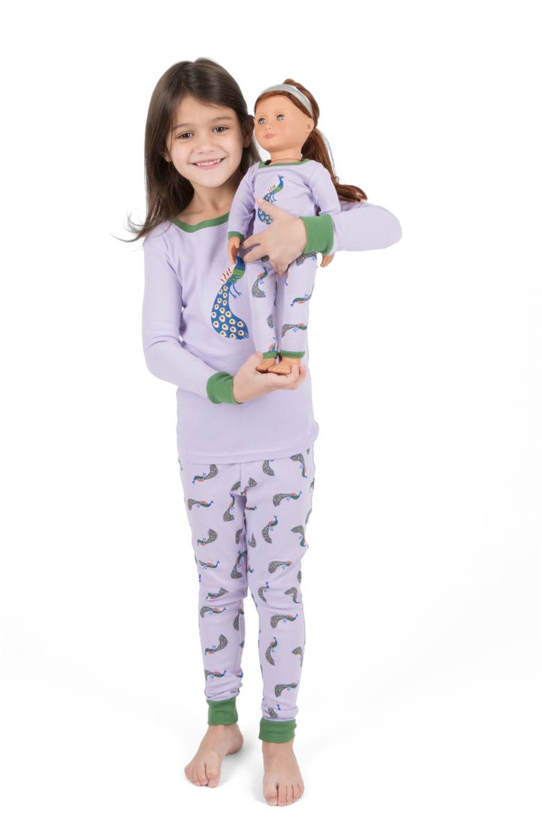 Leveret Girls & Matching Doll 2-pc. Cotton Pajamas, Fantasy & Character Prints, Main, color, Peacock