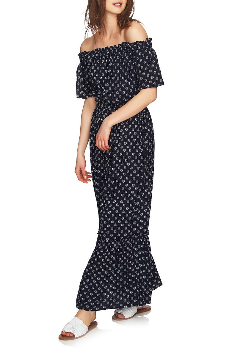 Off the Shoulder Cinched Waist Maxi Dress, Alternate, color, NIGHT NAVY