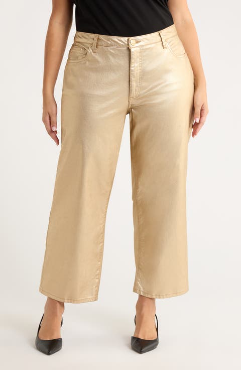 Coated High Waist Wide Leg Ankle Jeans (Gold) (Plus)