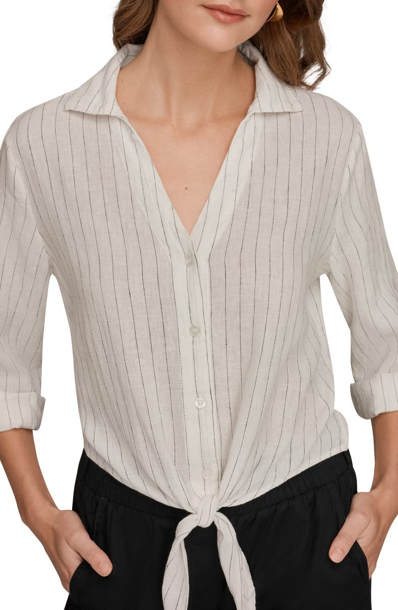 Donna Karan New York Yarn Dye Stripe Crop Linen Blend Button-Up Shirt, Alternate, color, Cream/ Black