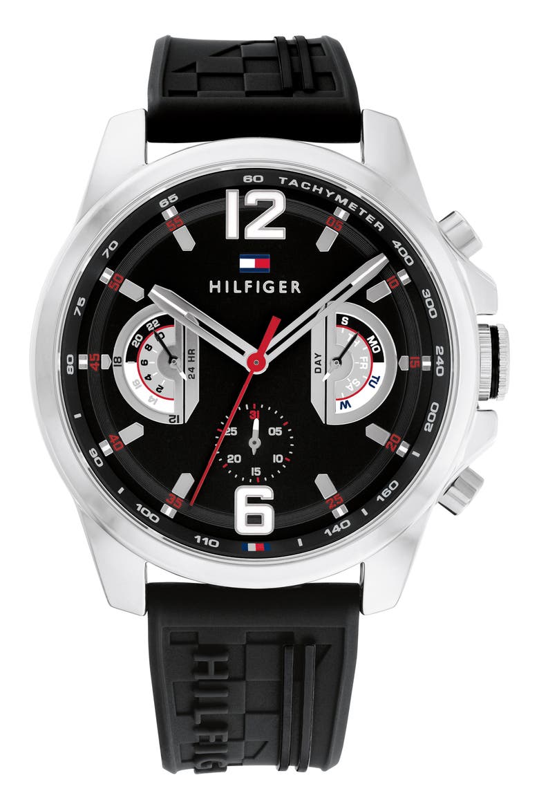 Tucker Chronograph Silicone Strap Watch, 46mm, Main, color, BLACK