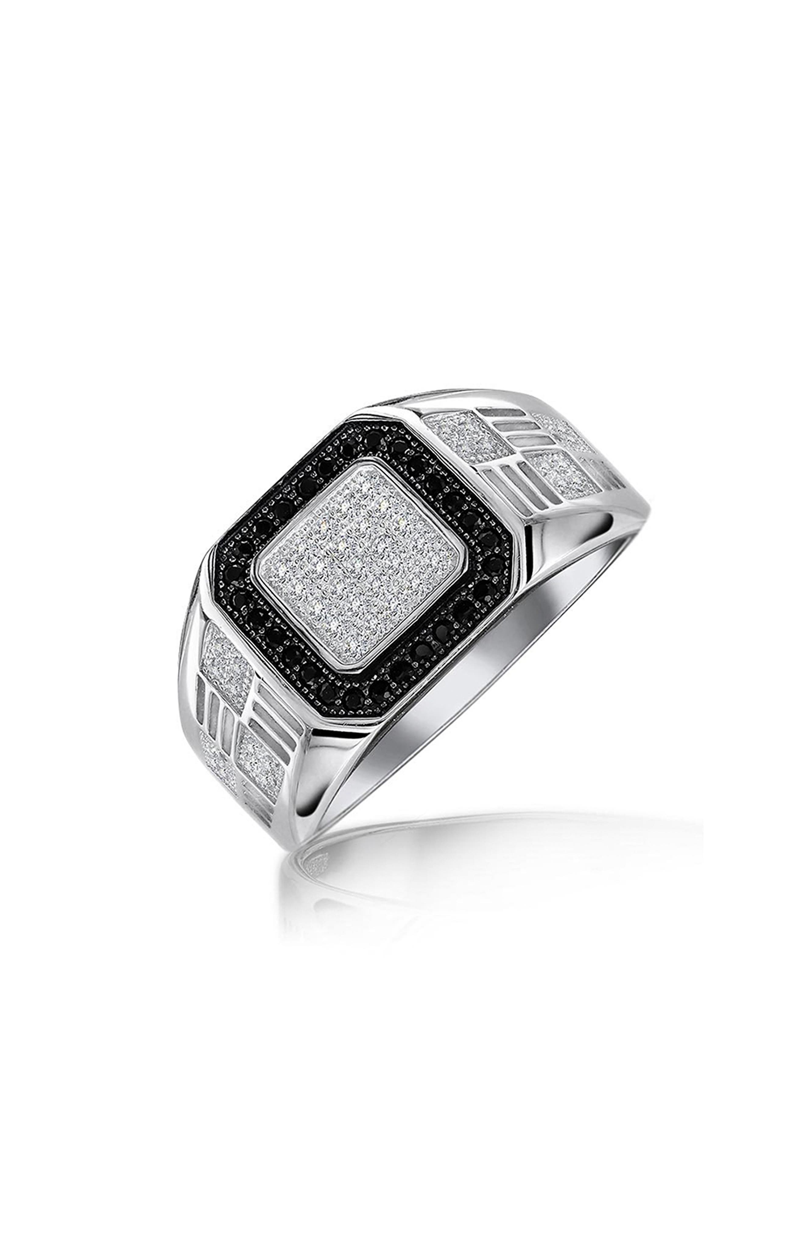 BLING JEWELRY Men's Rhodium Plated Sterling Silver Pavé Cubic Zirconia Geometric Ring