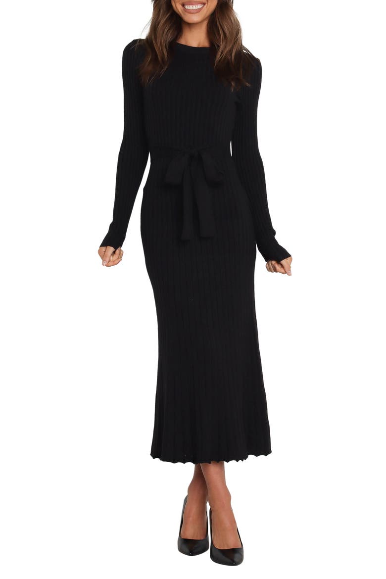 Rhianna Belted Long Sleeve Rib Sweater Dress, Main, color, BLACK