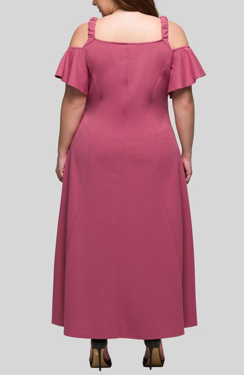 24seven Comfort Apparel Plus Size Cold Shoulder Ruffle Sleeve A-line Maxi Dress In Pink