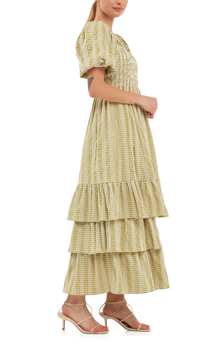 English Factory Gingham Stripe Tiered Dress, Alternate, color, Avocado