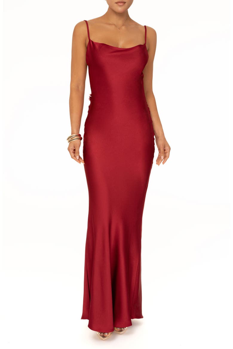 Down the Aisle Open Back Satin Gown, Main, color, RED