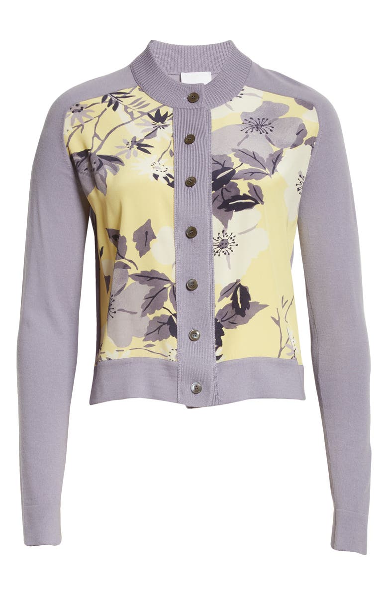 St. John Collection Floral Silk Panel Wool Cardigan, Alternate, color,
