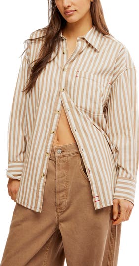 Free People Uptown Girl Pink Striped Button Blazer Oversized Cotton 2024 Casual M