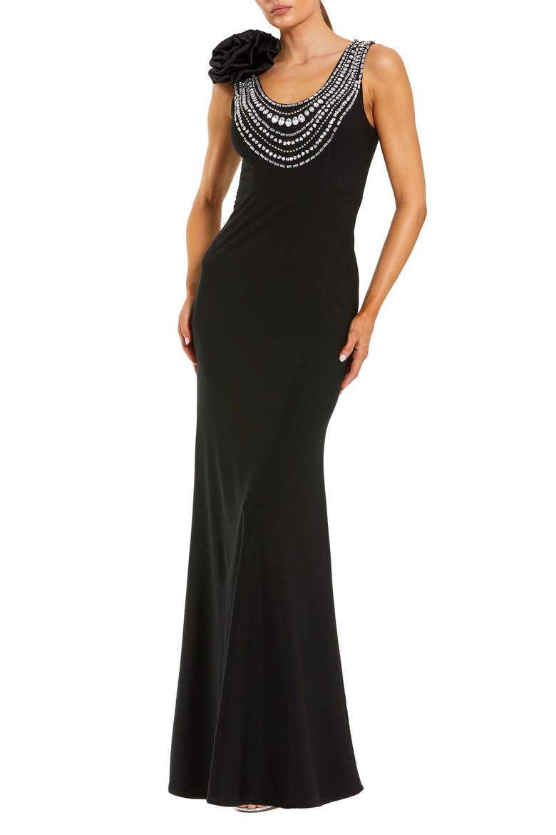 Beaded Scoop Neck Jersey Gown With 3D Flower, Main, color, Black