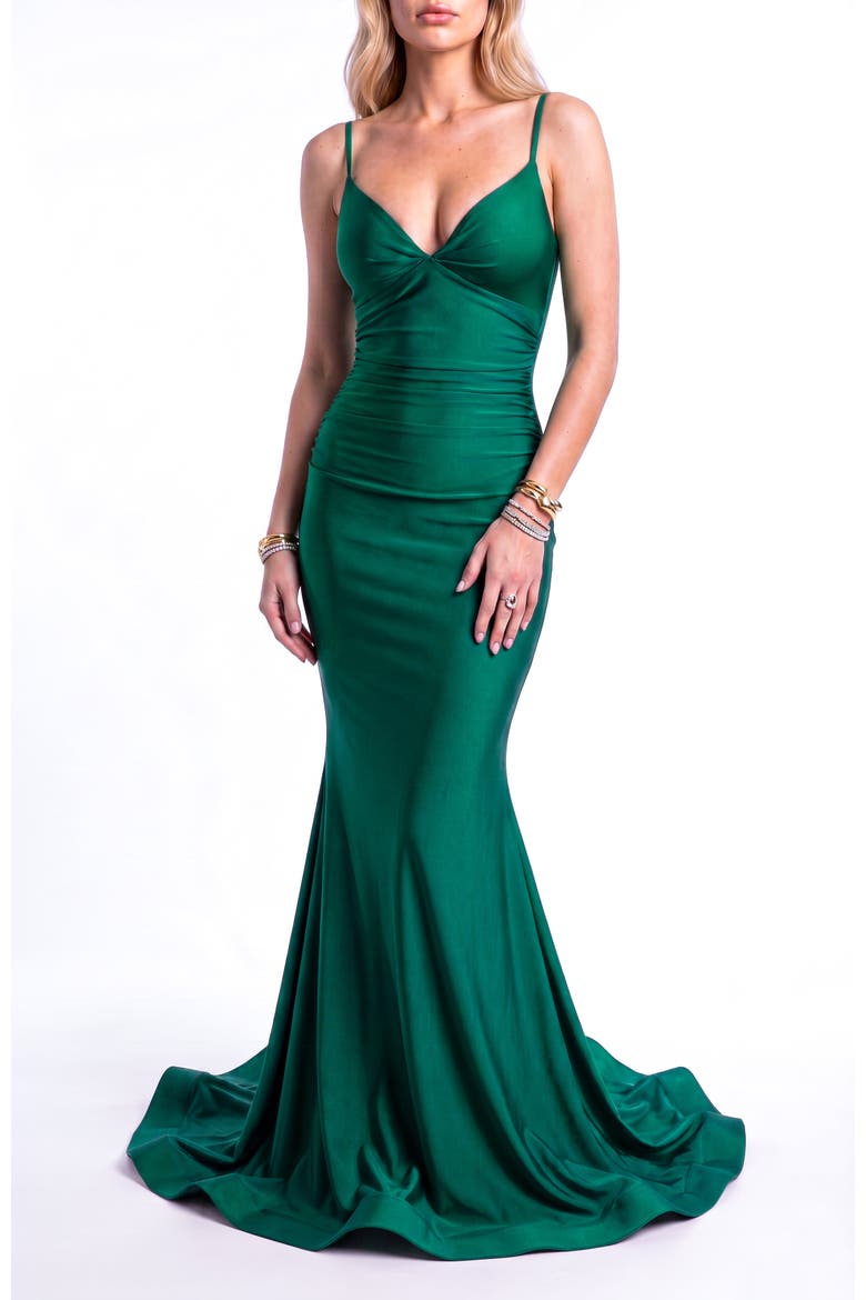 Ruched Lace-Up Open Back Mermaid Gown, Alternate, color, Forest Green