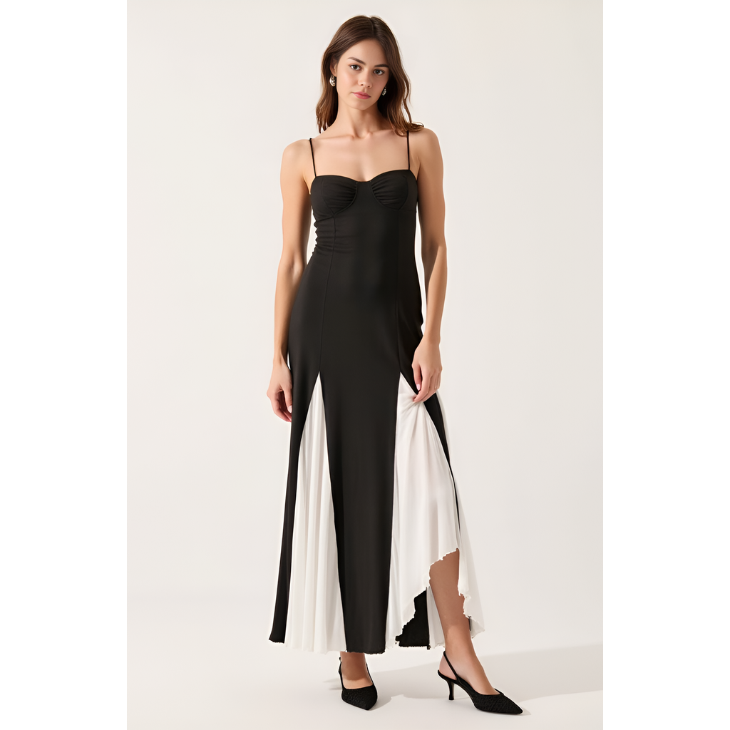 Modenaire Spaghetti Strap Bustier Maxi Dress With Pleated Contrast Panels In Multi