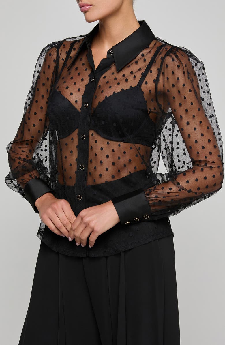 L'AGENCE Sophie Swiss Dot Sheer Mesh Button-Up Shirt, Alternate, color, Black