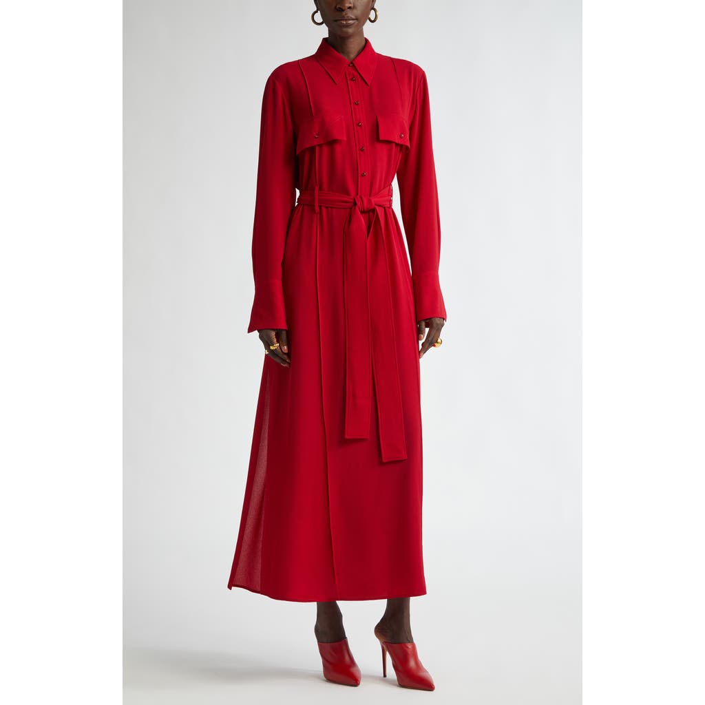 St John Belted Crepe Maxi Shirtdress In Haute Red