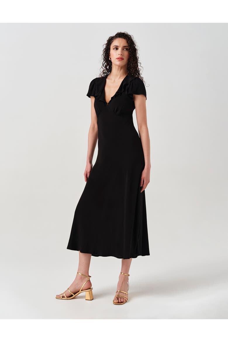 Kimmy Frill Neck Crepe Midi Dress, Alternate, color, Black