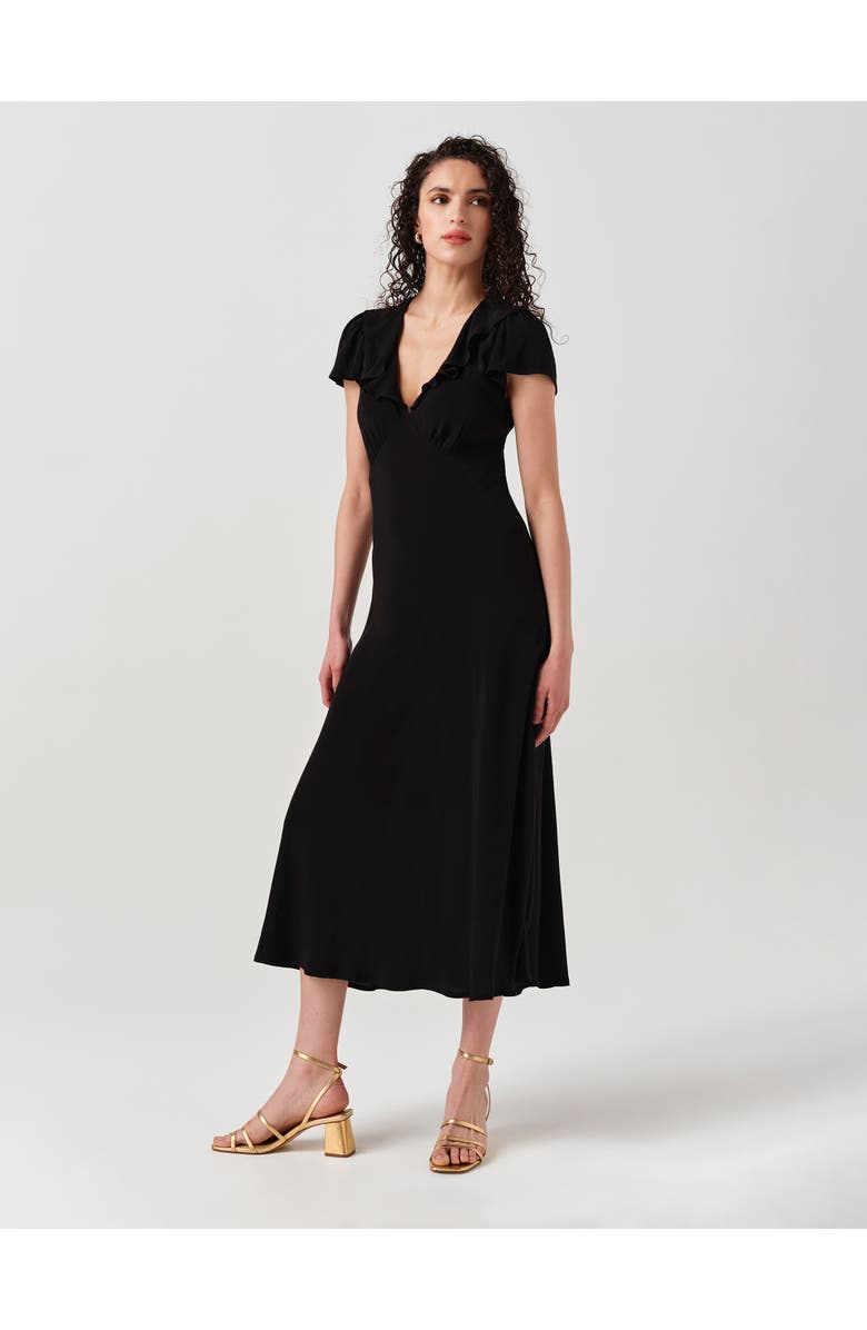 Ghost London Kimmy Frill Neck Crepe Midi Dress, Alternate, color, Black