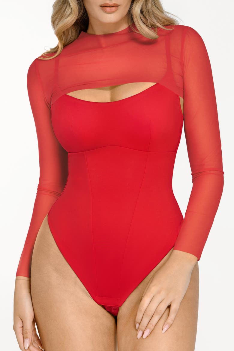 Sheer Shapewear Mesh Cutout Corset Bodysuit 2-Piece Set, Alternate, color, Poppy Red