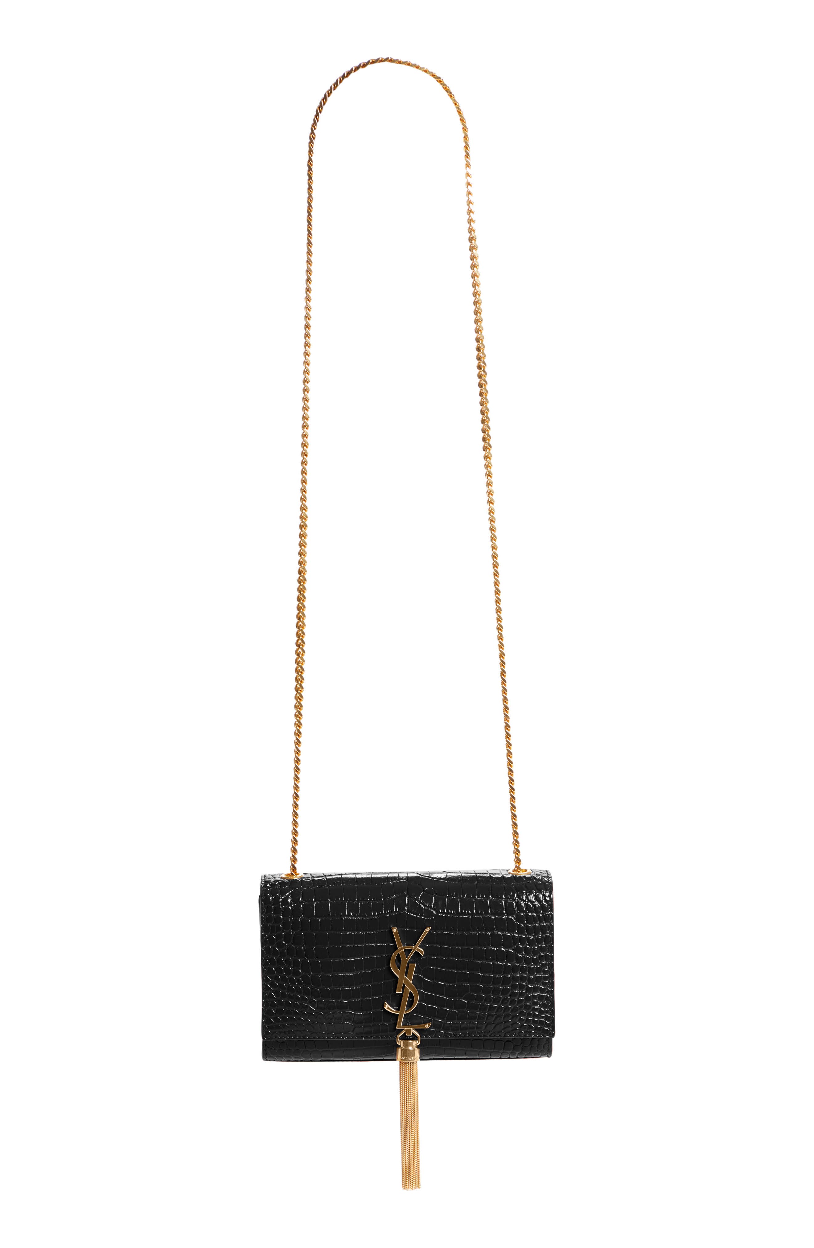 Saint Laurent Small Kate Croc Embossed Leather Shoulder Bag, Main, color, 