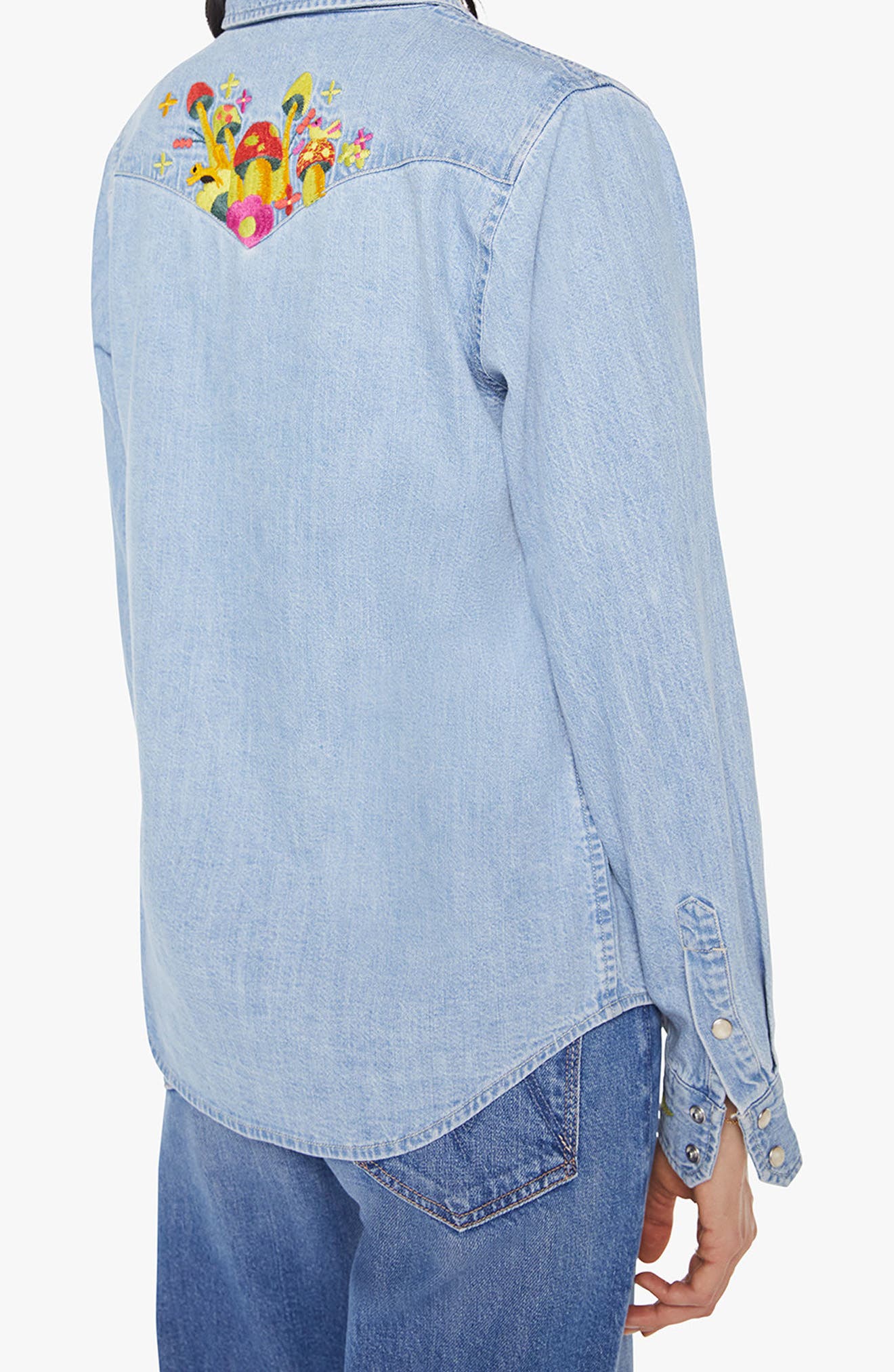 MOTHER The Honey Embroidered Denim Snap-Up Shirt (Women) | Nordstrom