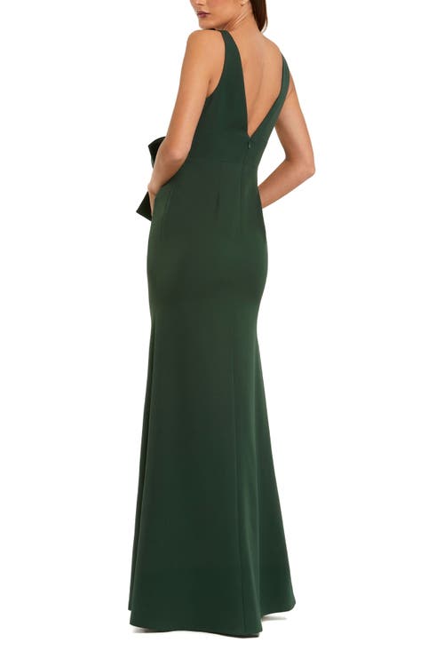 Mac Duggal Crepe Sleeveless V Neck Column Dress With Bow In Green