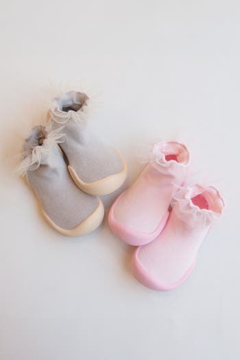 Toddler Girl Sock Shoes Tulle Trim - Beige