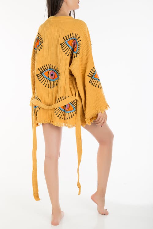 Forever & Always Shoes Sereia Evil Eye Handmade Cotton Short Kimono In Mustard Yellow