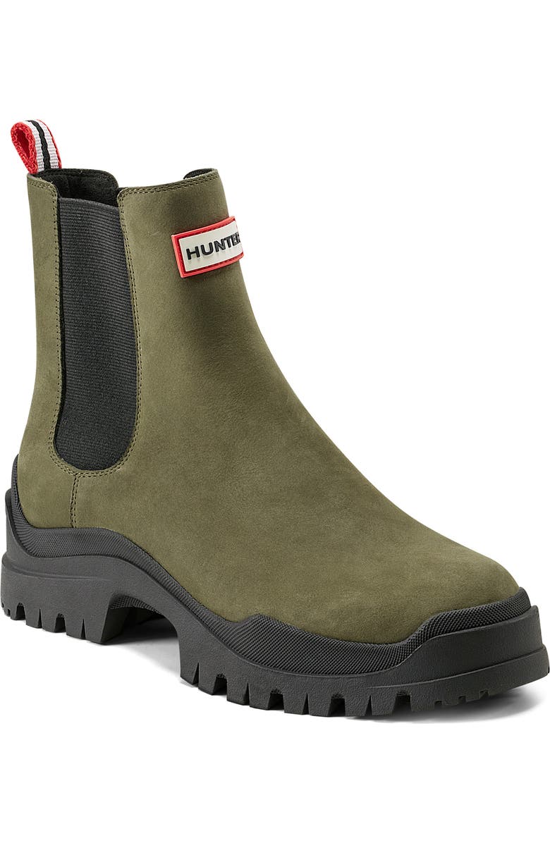 Hunter Winica Waterproof Leather Chelsea Boot, Main, color, Galloway Green/ Black