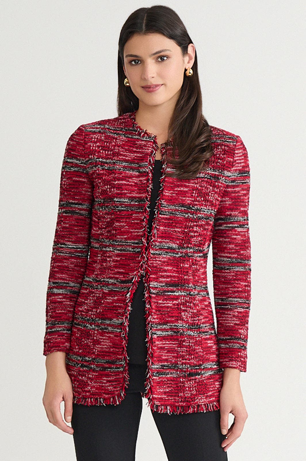 Tailored Melange Fringe Trim Knit Jacket