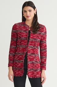 Ming Wang Tailored Melange Fringe Trim Knit Jacket