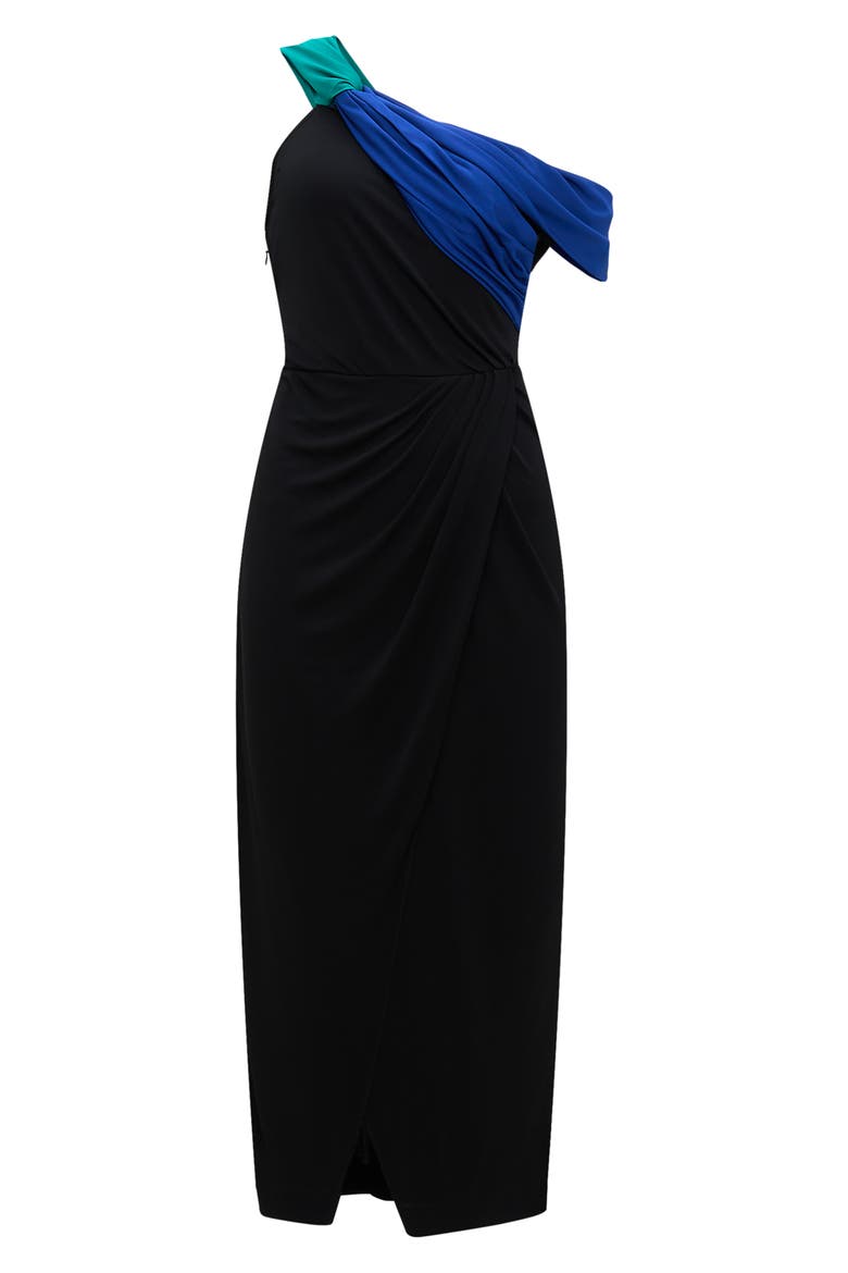 Terin Colorblock One-Shoulder Dress, Alternate, color, BLACK/ROYAL BLUE/EMERALD