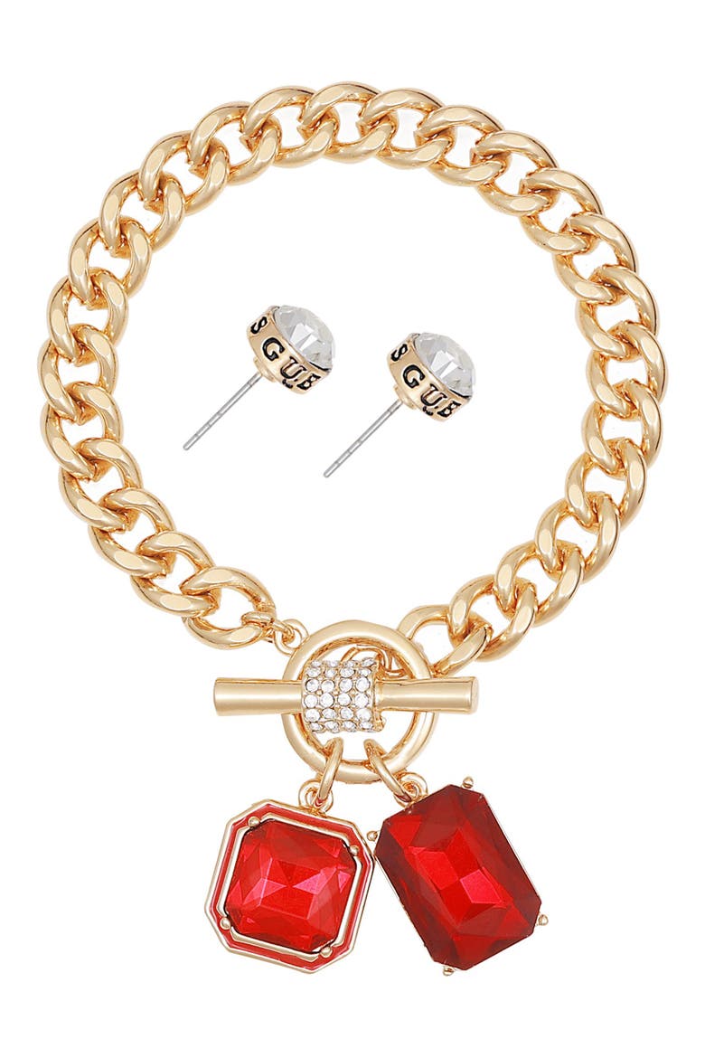 Toggle Bracelet & Stud Earrings Set, Alternate, color, GOLD/RED