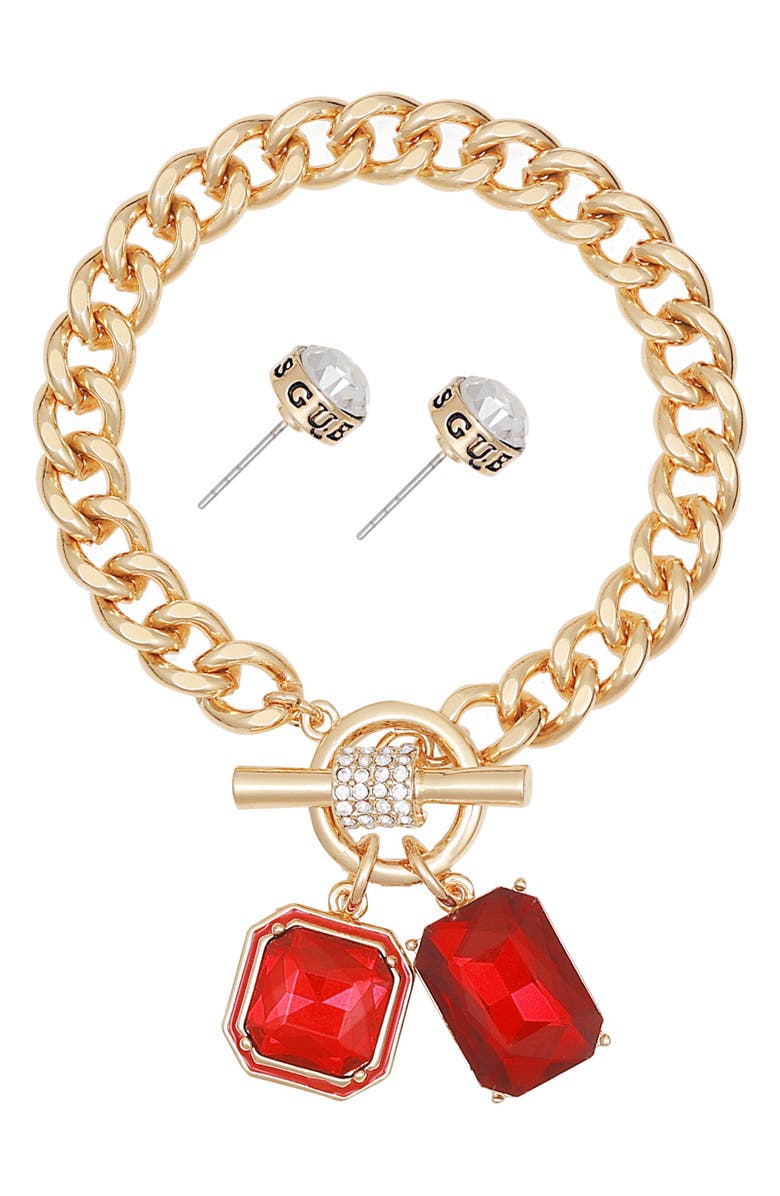 GUESS Toggle Bracelet & Stud Earrings Set, Alternate, color, Gold/Red