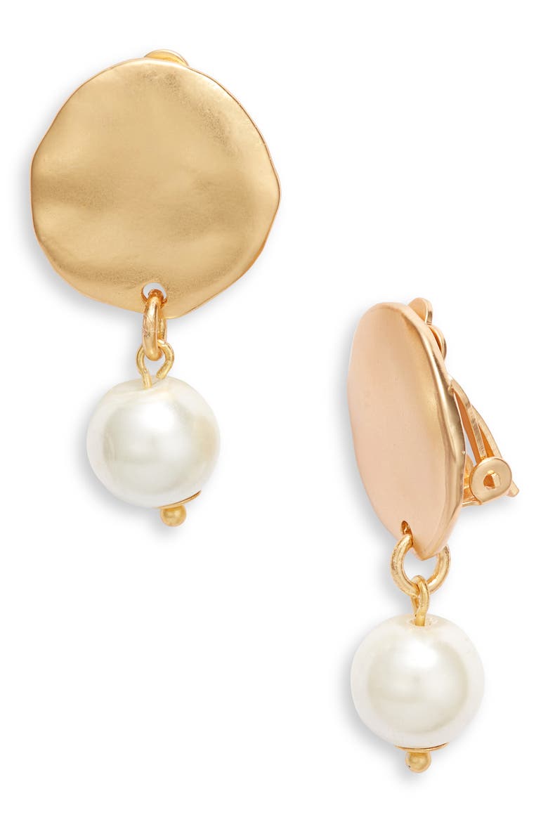 Hammered Disc Imitation Pearl Clip-On Drop Earrings, Main, color, GOLD