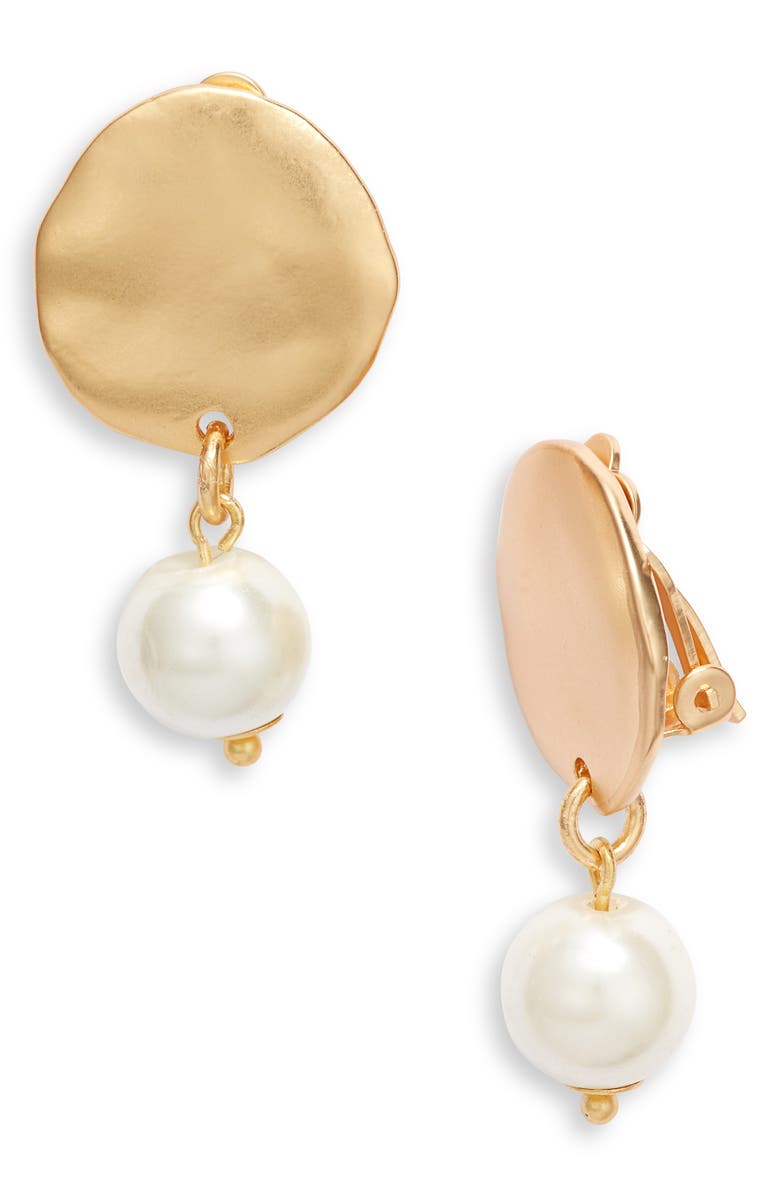 Karine Sultan Hammered Disc Imitation Pearl Clip-On Drop Earrings, Main, color, Gold