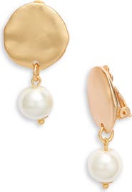 Karine Sultan Hammered Disc Imitation Pearl Clip-On Drop Earrings