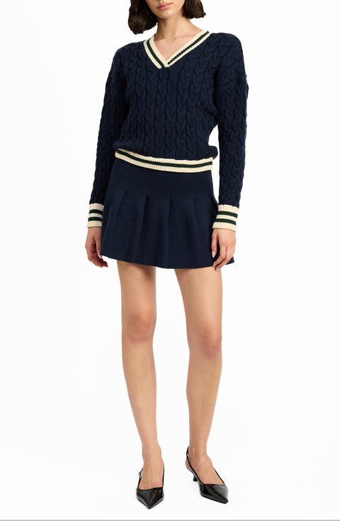 Collegiate Pleated Long Sleeve Cable Stitch Mini Sweater Dress
