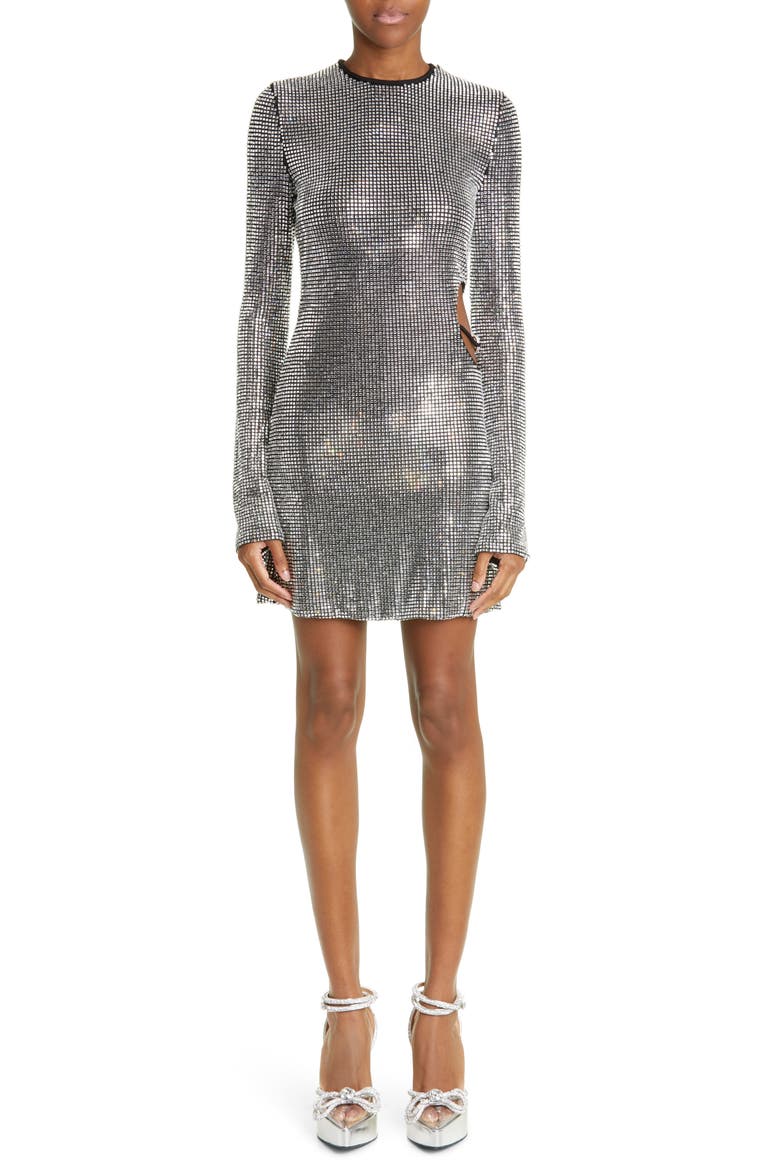 Cutout Long Sleeve Crystal Mesh Minidress, Main, color, SILVER